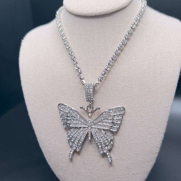 Silver Rhinestone Sparkly Statement Butterfly Necklace - Picture 2 of 4